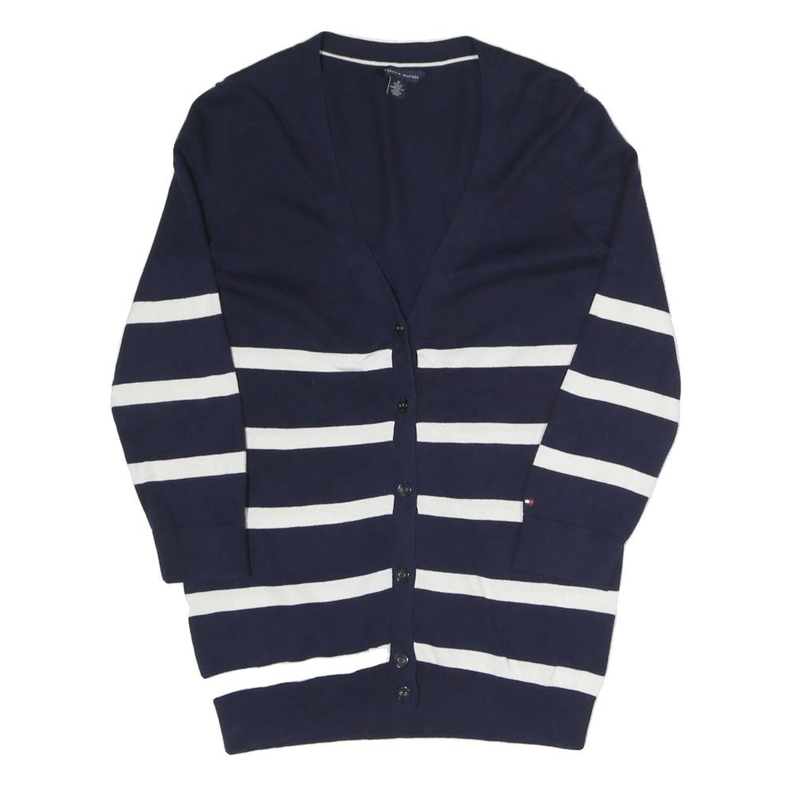 TOMMY HILFIGER Womens Navy Blue & White Striped Patterned Button Up Jumper Refurbished - N/A refurbished available on Cerqular
