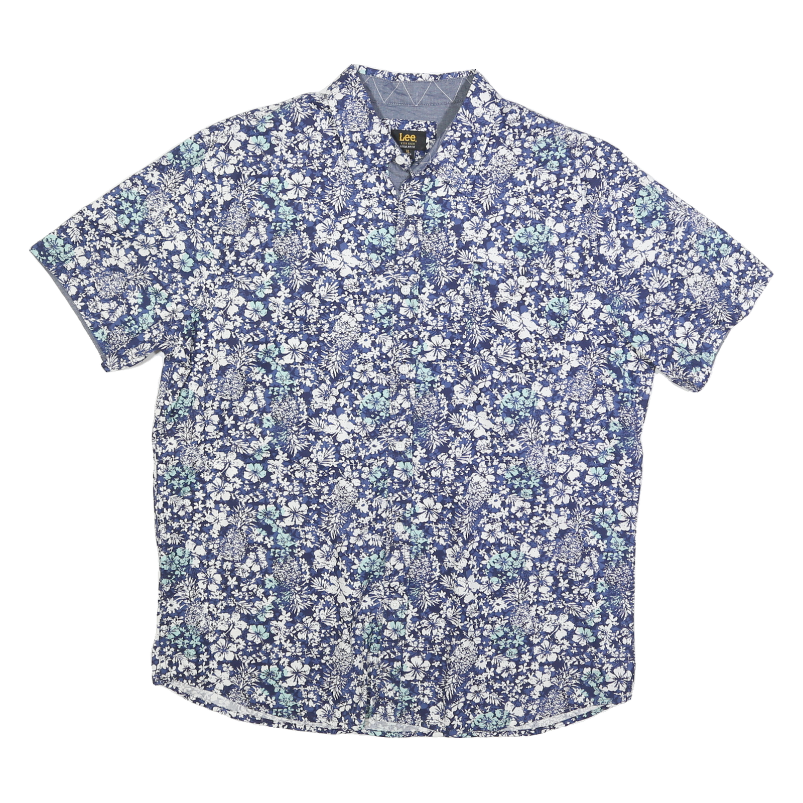 LEE Mens Blue & White Floral Shirt XL Short Sleeve Cotton Blend Button Collar Refurbished - N/A refurbished available on Cerqular