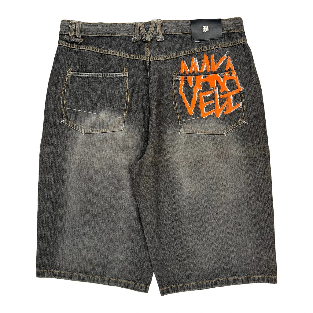 Tupac Markaveli Graphic Denim Shorts - 44W 13L Grey Cotton Refurbished - Thrifted (note: this is a term often used to describe second- refurbished available on Cerqular