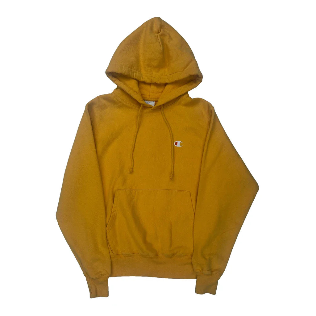 Reverse Weave Champion Hoodie - Small Yellow Cotton Refurbished - Thrifted (note: this is a term often used to describe second- refurbished available on Cerqular