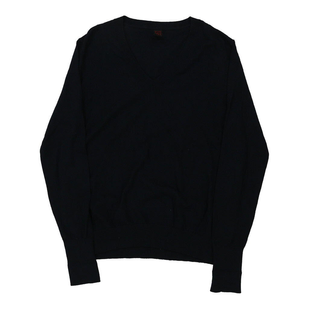Stefanel V-neck Jumper - Medium Navy Wool Blend Refurbished - Thrifted (note: this is a term often used to describe second- refurbished available on Cerqular