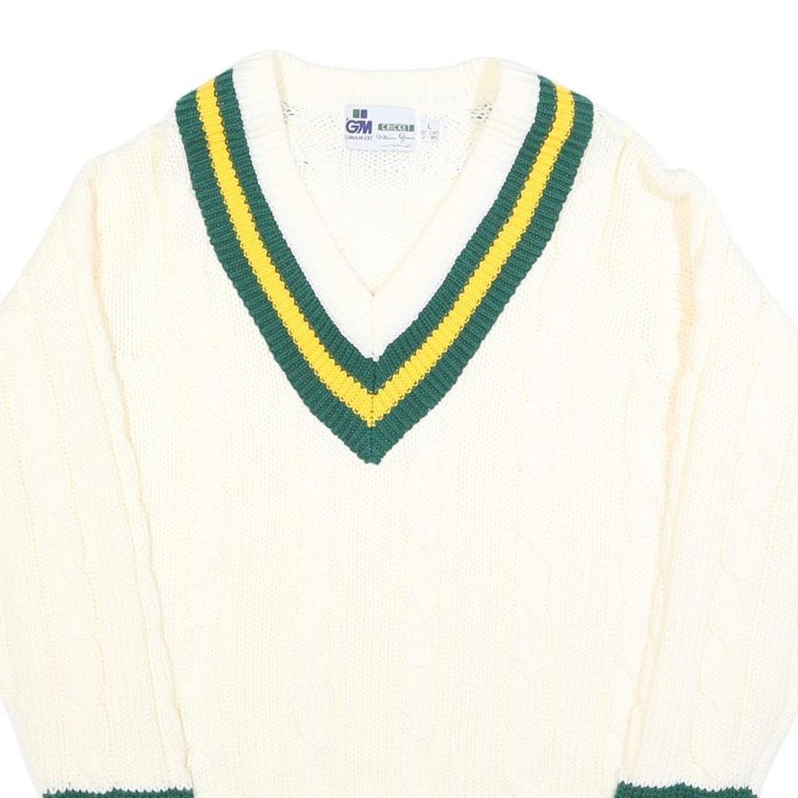 GUNN & MOORE Mens Cream Green & Yellow Classic Jumper V-Neck Cable Knit L Refurbished - N/A refurbished available on Cerqular