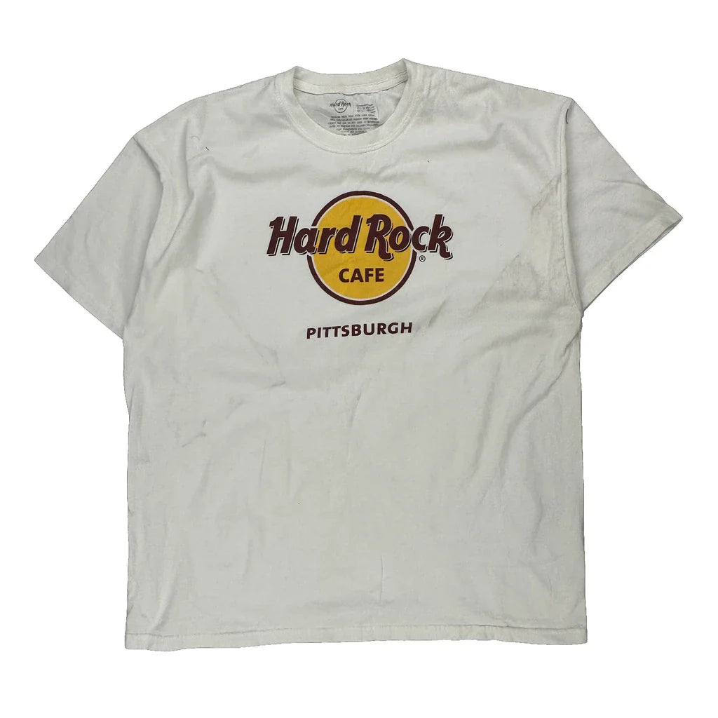 Pittsburgh Hard Rock Cafe T-Shirt - Large White Cotton Refurbished - Thrifted (note: this is a term often used to describe second- refurbished available on Cerqular