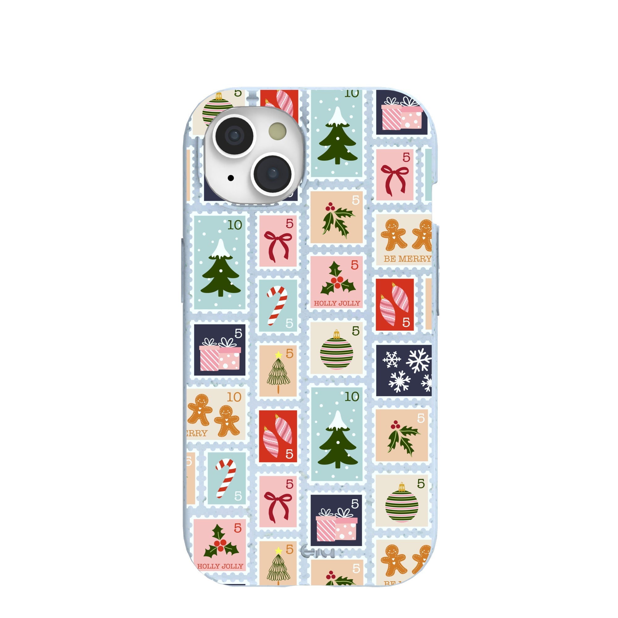 Powder Blue Noel Stamps iPhone 15 Case Refurbished - Pela Case refurbished available on Cerqular