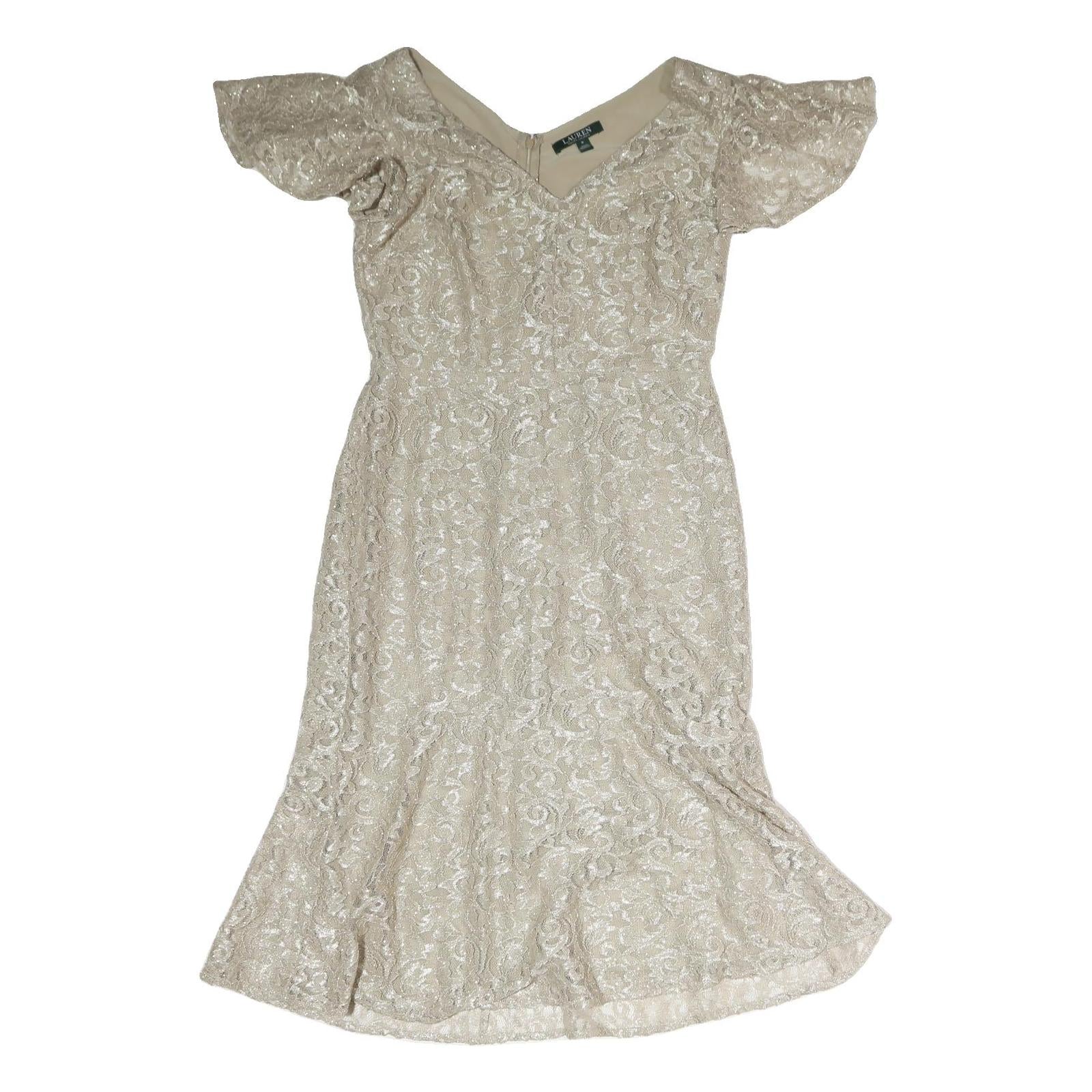LAUREN RALPH LAUREN Womens Cream Lace Fit & Flare Woven Dress UK 6 V-Neck Short Refurbished - N/A refurbished available on Cerqular