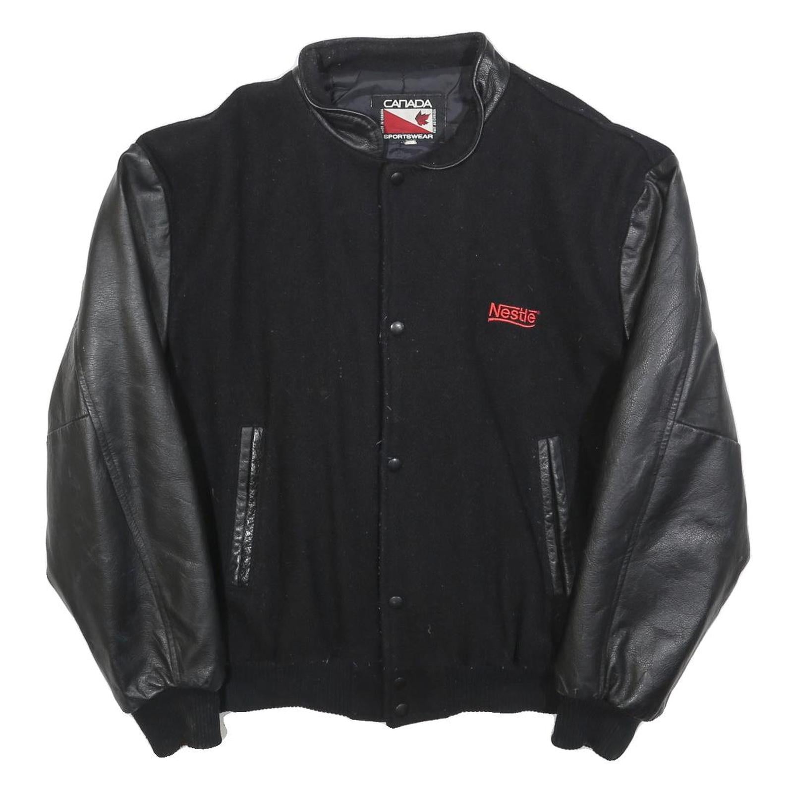 CANADA SPORTSWEAR Mens Black Wool Blend Button Jacket L Leather Sleeves Nestle Refurbished - N/A refurbished available on Cerqular