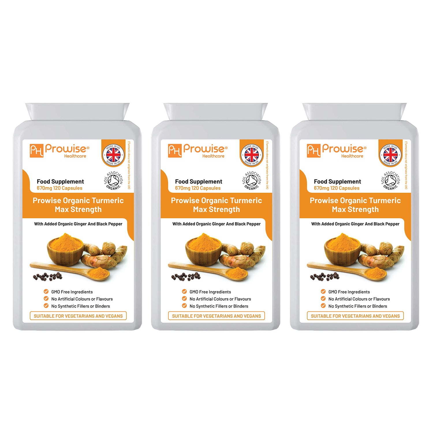 Organic Turmeric (Pack of 3) Curcumin with added Black Pepper & Ginger 670mg (Certified Organic Turmeric Capsules) | Suitable For Vegetarians & Vegans Refurbished - Prowise Healthcare refurbished available on Cerqular