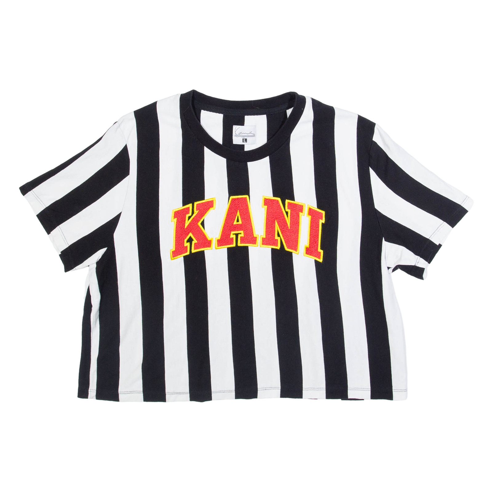 KARL KANI Striped Cropped Womens T-Shirt Black L Refurbished - N/A refurbished available on Cerqular