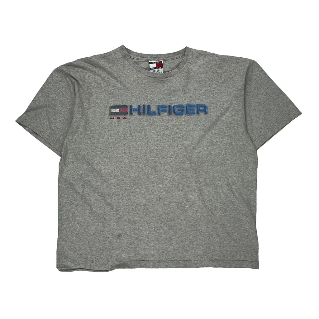 Tommy Hilfiger Spellout T-Shirt - XL Grey Cotton Refurbished - Thrifted (note: this is a term often used to describe second- refurbished available on Cerqular