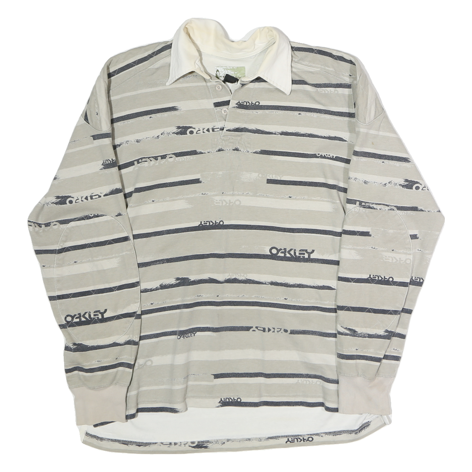 OAKLEY Mens Beige & White Striped Long Sleeve Logo Print Polo Shirt L Cotton Refurbished - N/A refurbished available on Cerqular