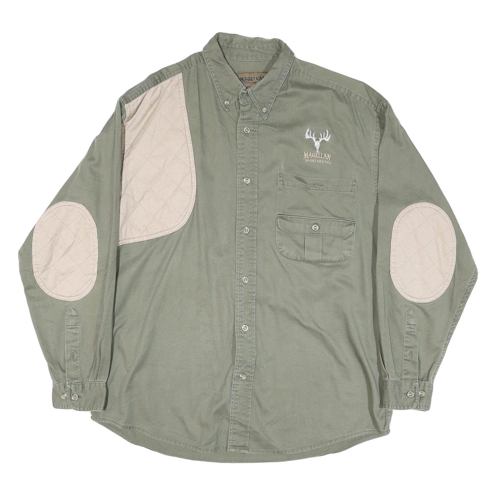 MAGELAN Mens Green & Beige Cotton Blend Shirt L Quilted Shoulder Elbow Patch Refurbished - N/A refurbished available on Cerqular