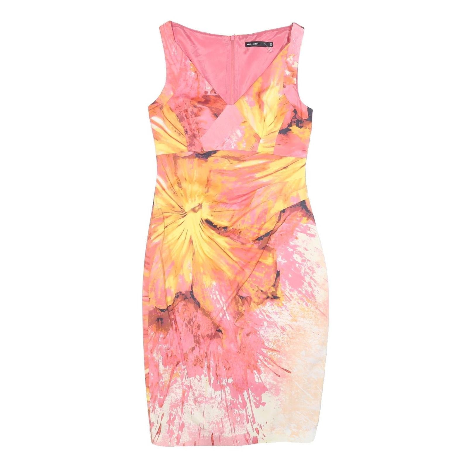 KAREN MILLEN Womens Pink & Yellow Floral Bodycon Polyester Dress UK 10 Refurbished - N/A refurbished available on Cerqular