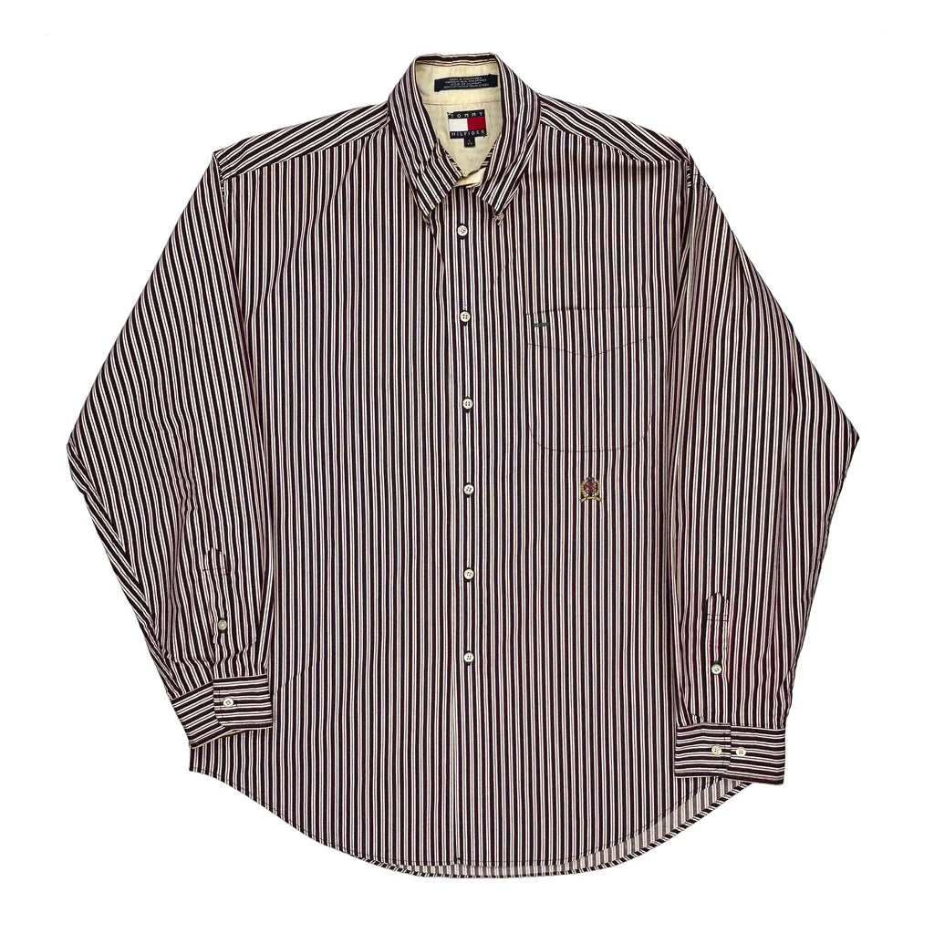 Tommy Hilfiger Striped Shirt - Large Burgundy Cotton Refurbished - Thrifted (note: this is a term often used to describe second- refurbished available on Cerqular