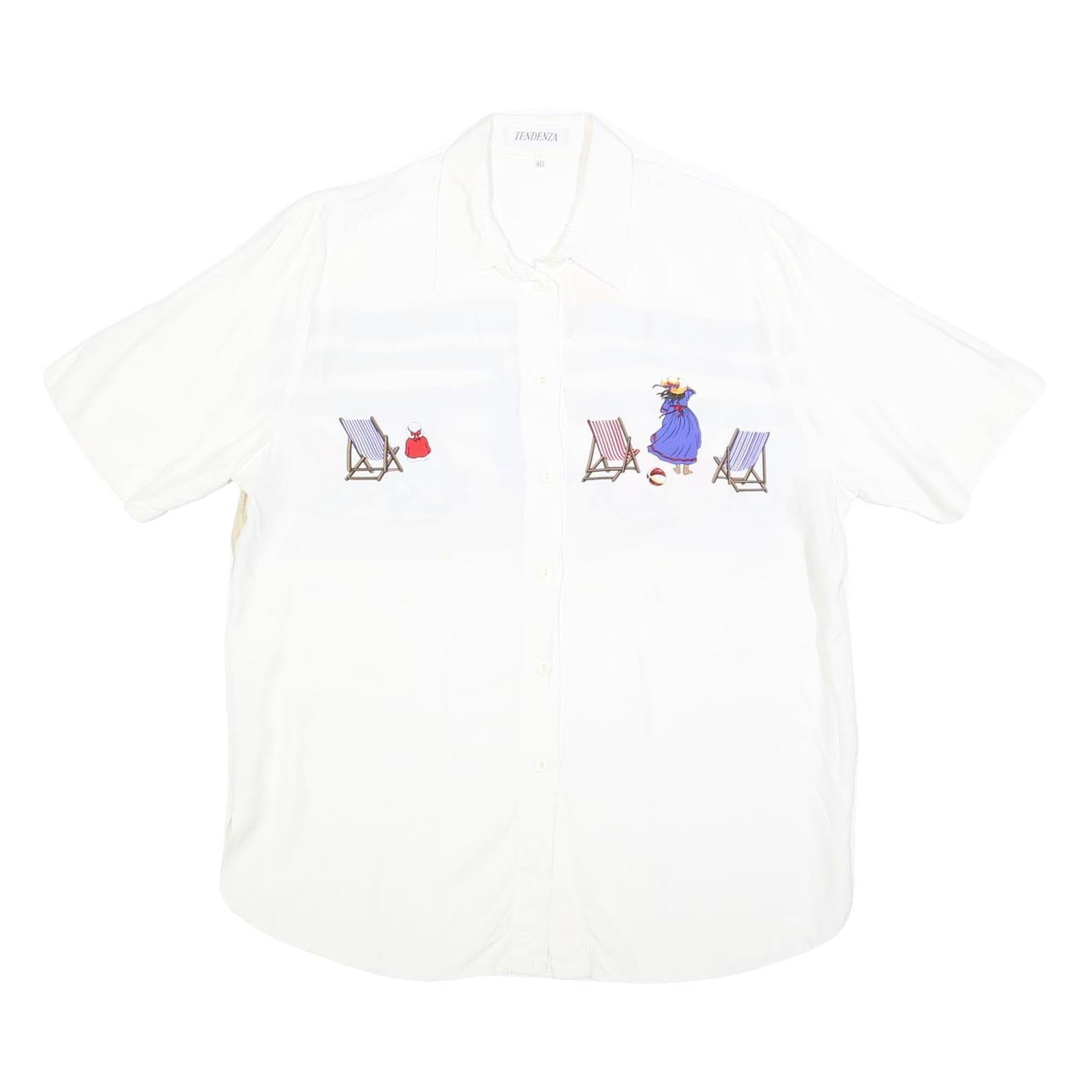 TENDENZA Womens White Beach Scene Printed Shirt L Summer Casual Holiday Style Refurbished - N/A refurbished available on Cerqular