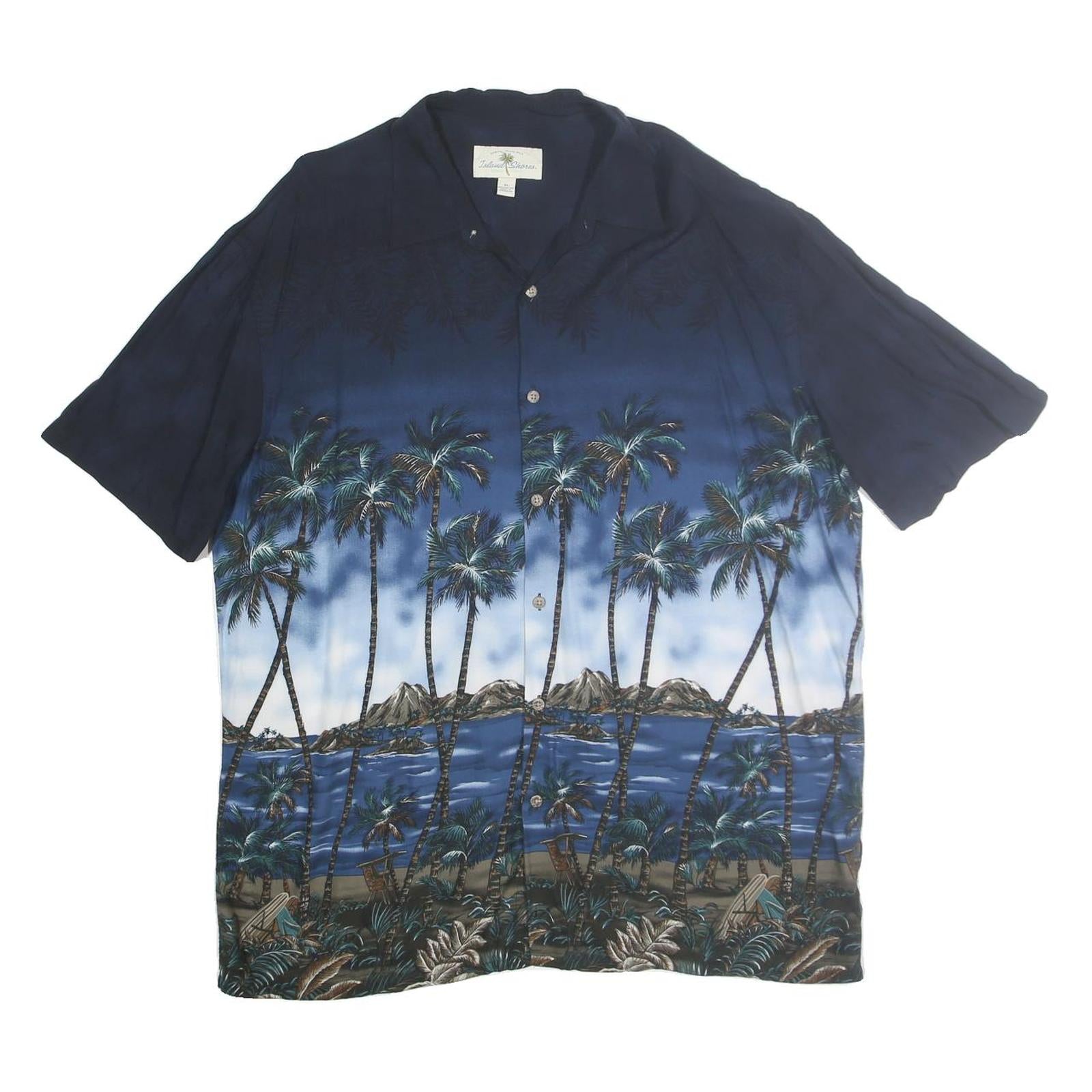 ISLAND SHORES Mens Blue Cotton XL Hawaiian Shirt Palm Trees Beach Print Refurbished - N/A refurbished available on Cerqular