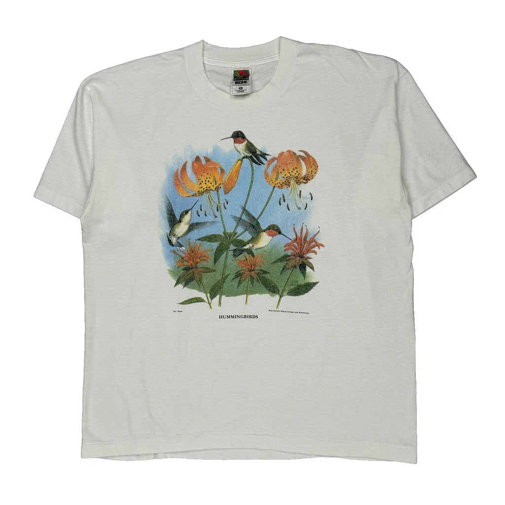 Hummingbirds Fruit Of The Loom Graphic T-Shirt - XL White Cotton Blend Refurbished - Thrifted (note: this is a term often used to describe second- refurbished available on Cerqular