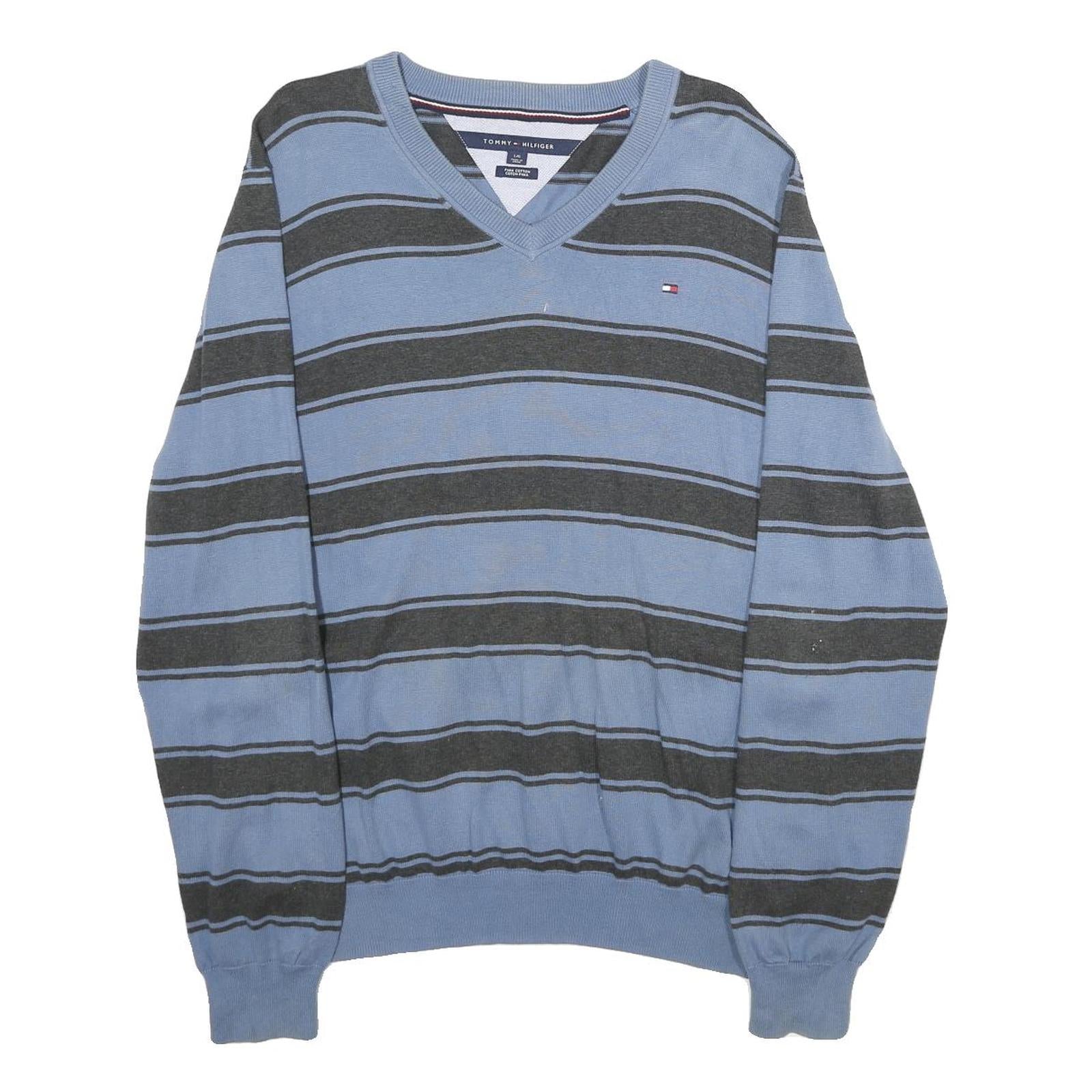 TOMMY HILFIGER Mens Blue & Grey Striped Pattern V-Neck Basic Knit Jumper L Refurbished - N/A refurbished available on Cerqular
