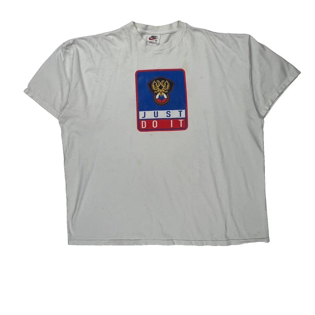 Football Nike Graphic T-Shirt - 2XL White Cotton Refurbished - Thrifted (note: this is a term often used to describe second- refurbished available on Cerqular