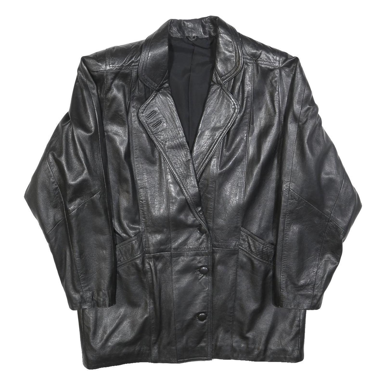 Womens Black Leather Button Jacket L Woven Classic Oversized Timeless Design Refurbished - N/A refurbished available on Cerqular