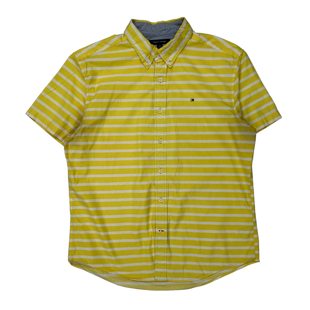 Tommy Hilfiger Striped Short Sleeve Shirt - Large Yellow Cotton Refurbished - Thrifted (note: this is a term often used to describe second- refurbished available on Cerqular