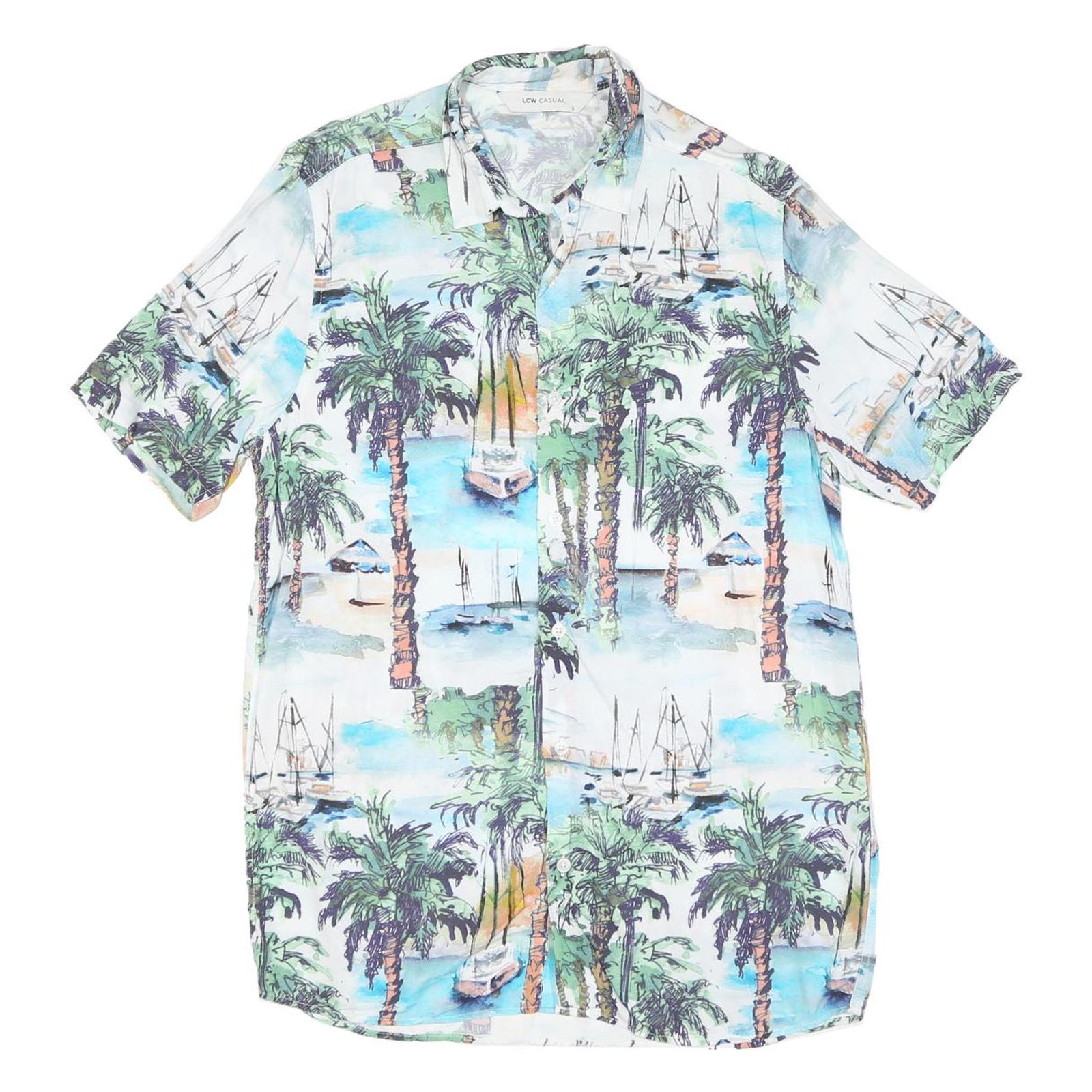 Mens White Blue Green Tropical Palm Print Cotton Shirt S Summer Casual Refurbished - N/A refurbished available on Cerqular