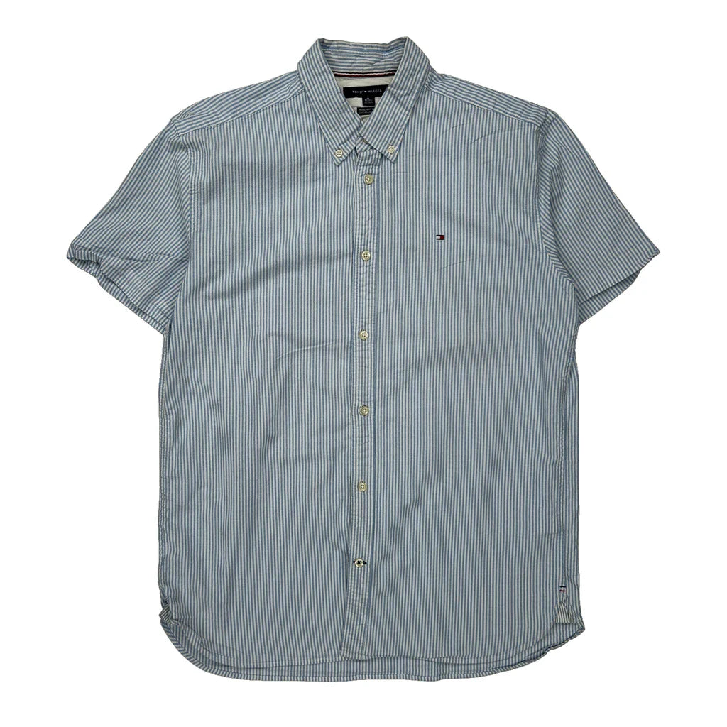 Tommy Hilfiger Striped Short Sleeve Shirt - XL Blue Cotton Refurbished - Thrifted (note: this is a term often used to describe second- refurbished available on Cerqular