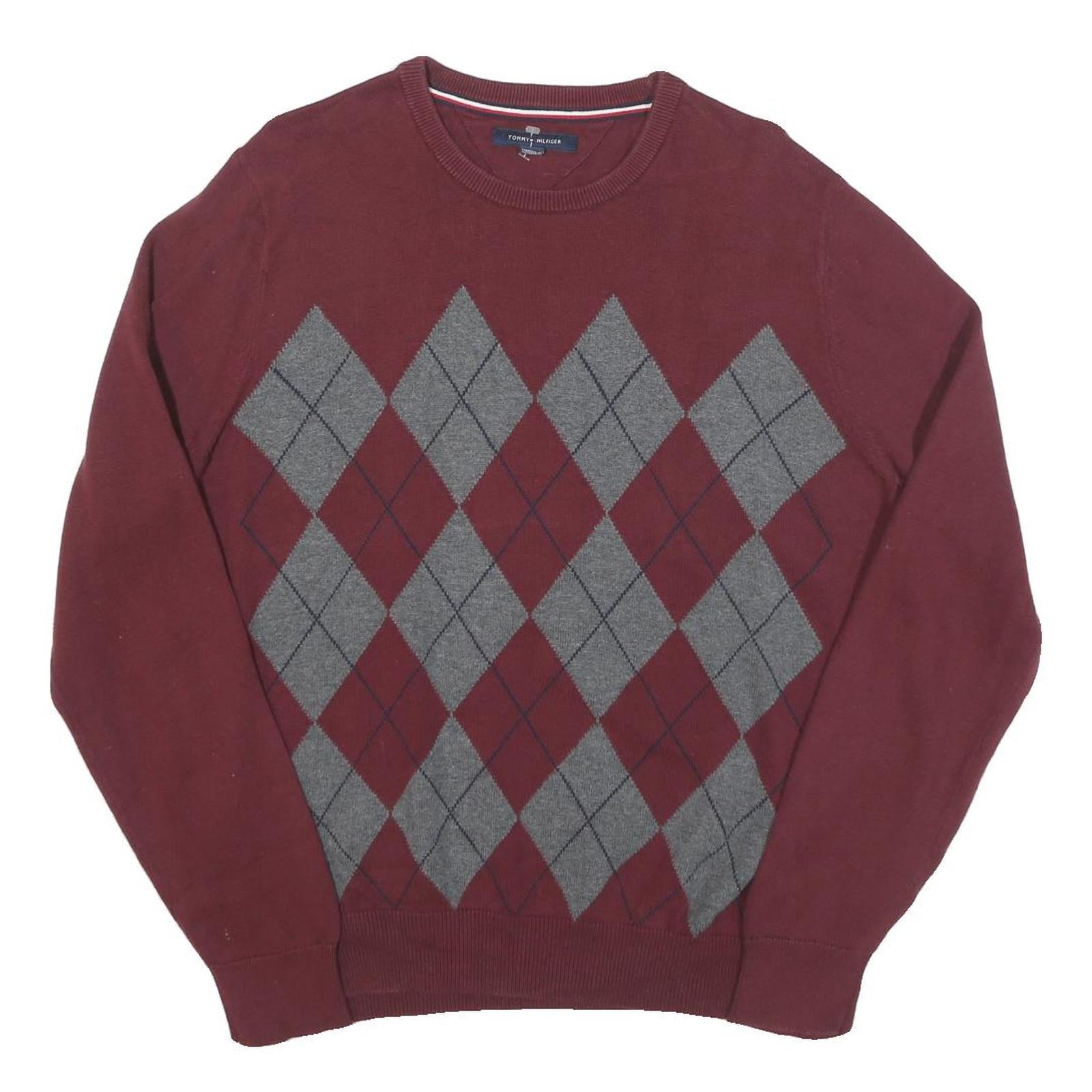 TOMMY HILFIGER Mens Maroon & Grey Patterned Jumper Crew Neck Cable Knit L Cotton Refurbished - N/A refurbished available on Cerqular