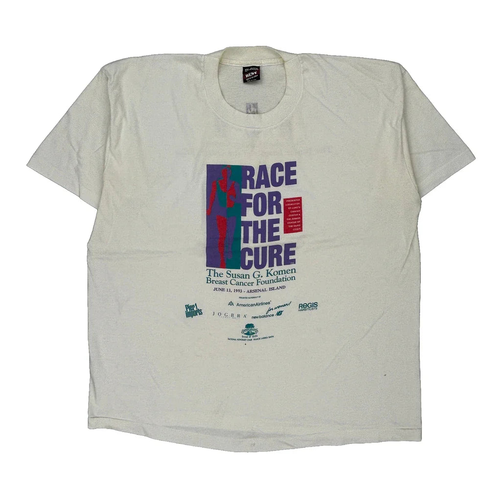 Race For The Cure Fruit Of The Loom Single Stitch T-Shirt - 2XL White Cotton Blend Refurbished - Thrifted (note: this is a term often used to describe second- refurbished available on Cerqular