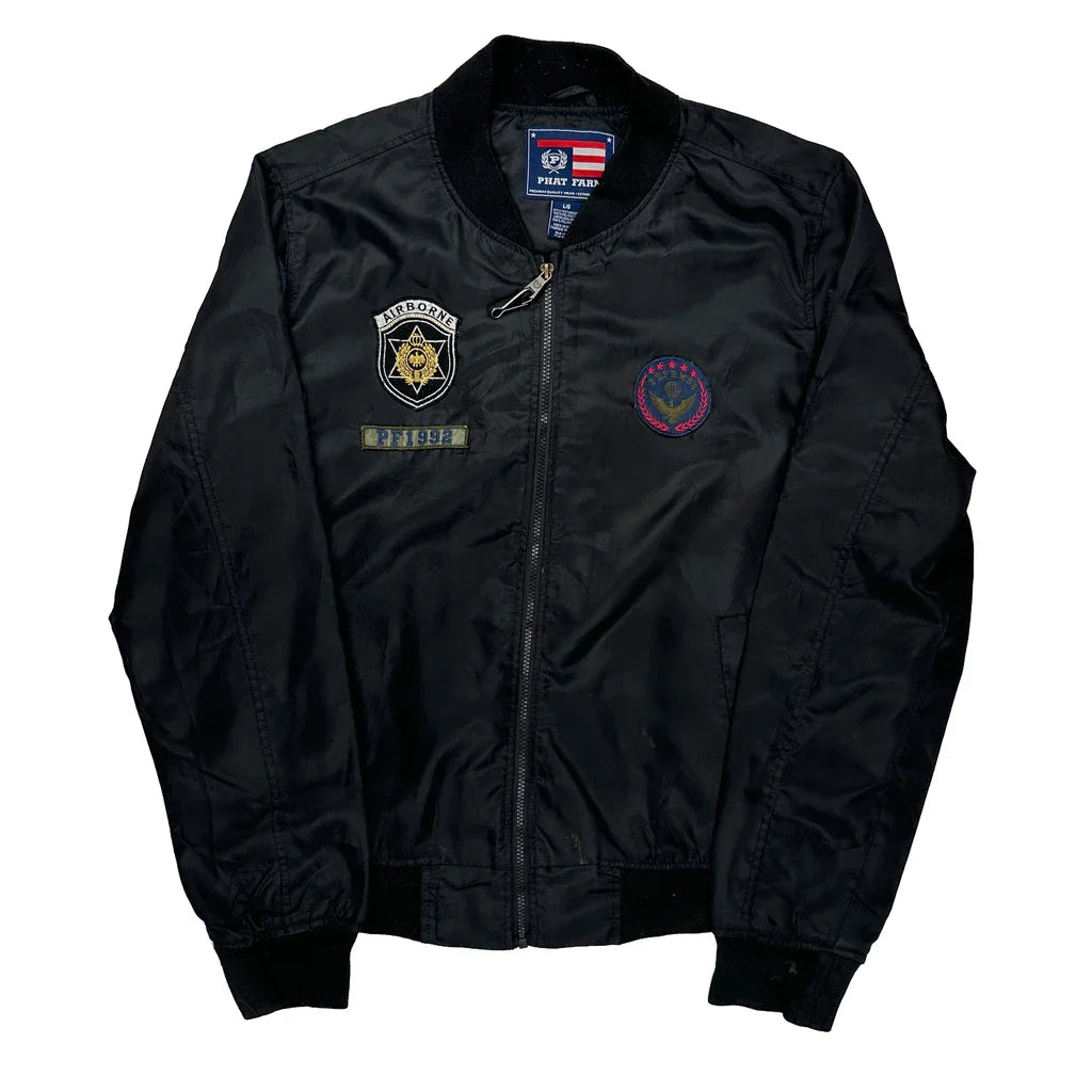Phat Farm Graphic Bomber Jacket - Large Black Polyester Refurbished - Thrifted (note: this is a term often used to describe second- refurbished available on Cerqular