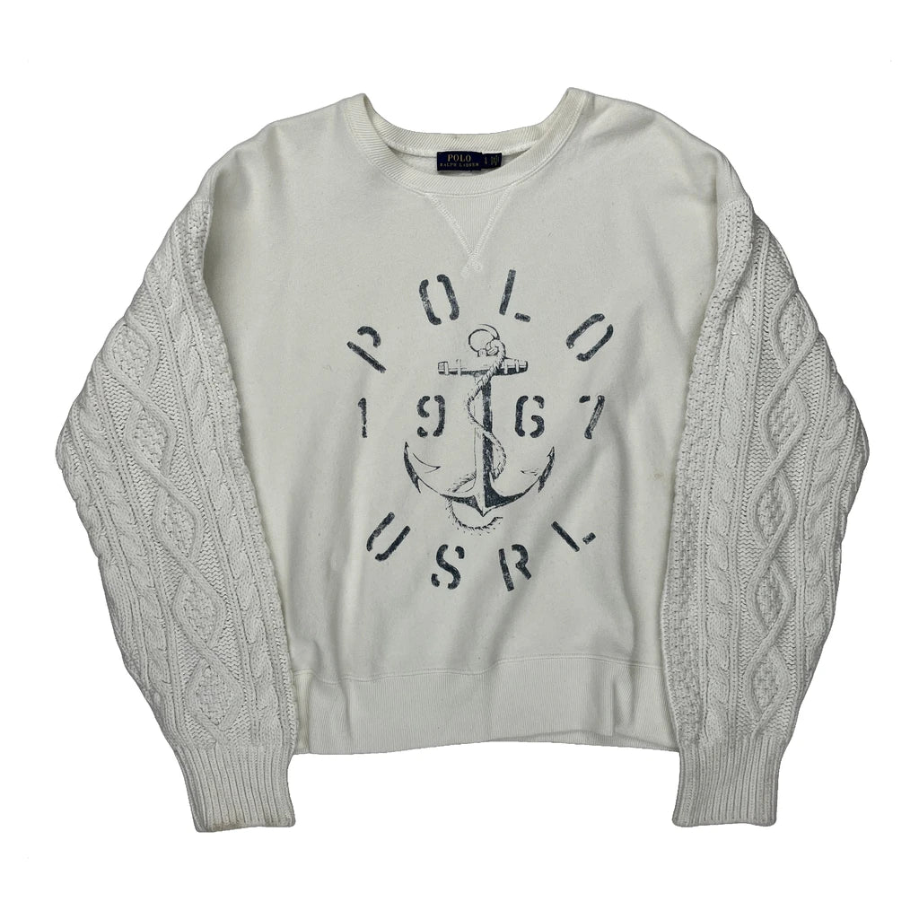 USrl Polo By Ralph Lauren Graphic Sweatshirt - Large White Cotton Refurbished - Thrifted (note: this is a term often used to describe second- refurbished available on Cerqular