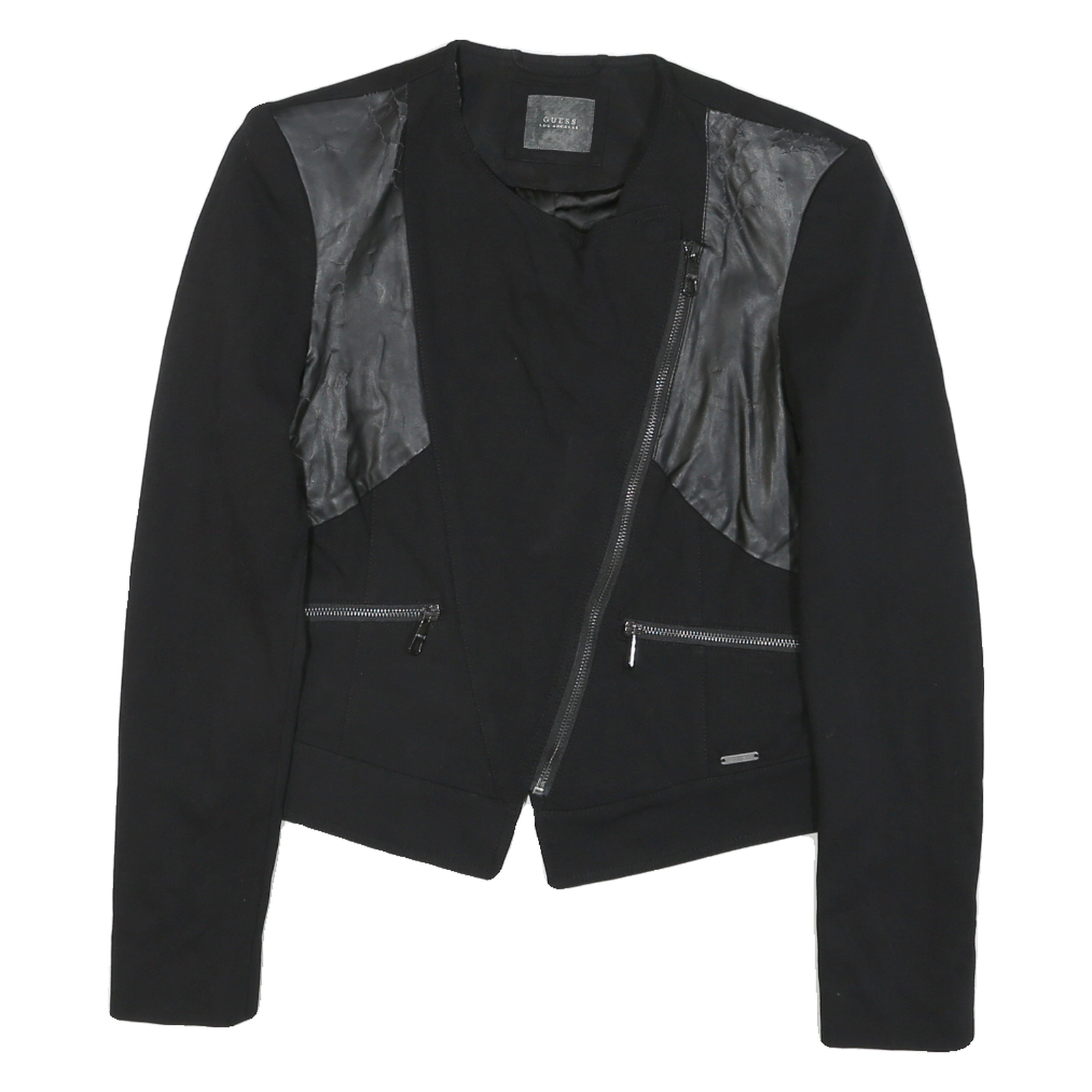GUESS Womens Black Mixed Fabric Asymmetric Zip Jacket M Cotton Blend Leather Refurbished - N/A refurbished available on Cerqular
