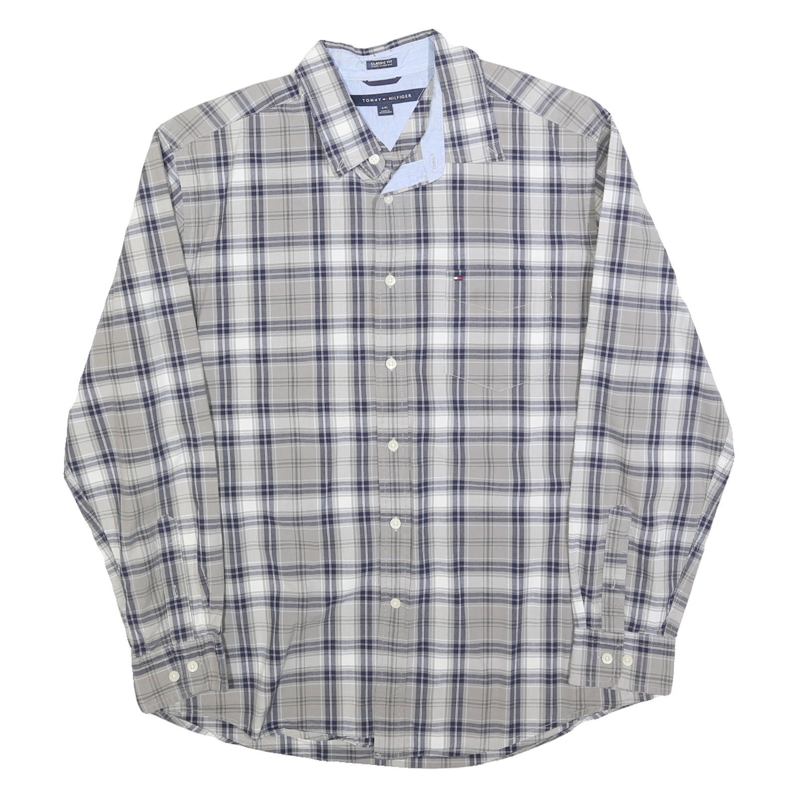 TOMMY HILFIGER Mens Beige & Blue Classic Fit L Plaid Cotton Blend Shirt Long Refurbished - N/A refurbished available on Cerqular