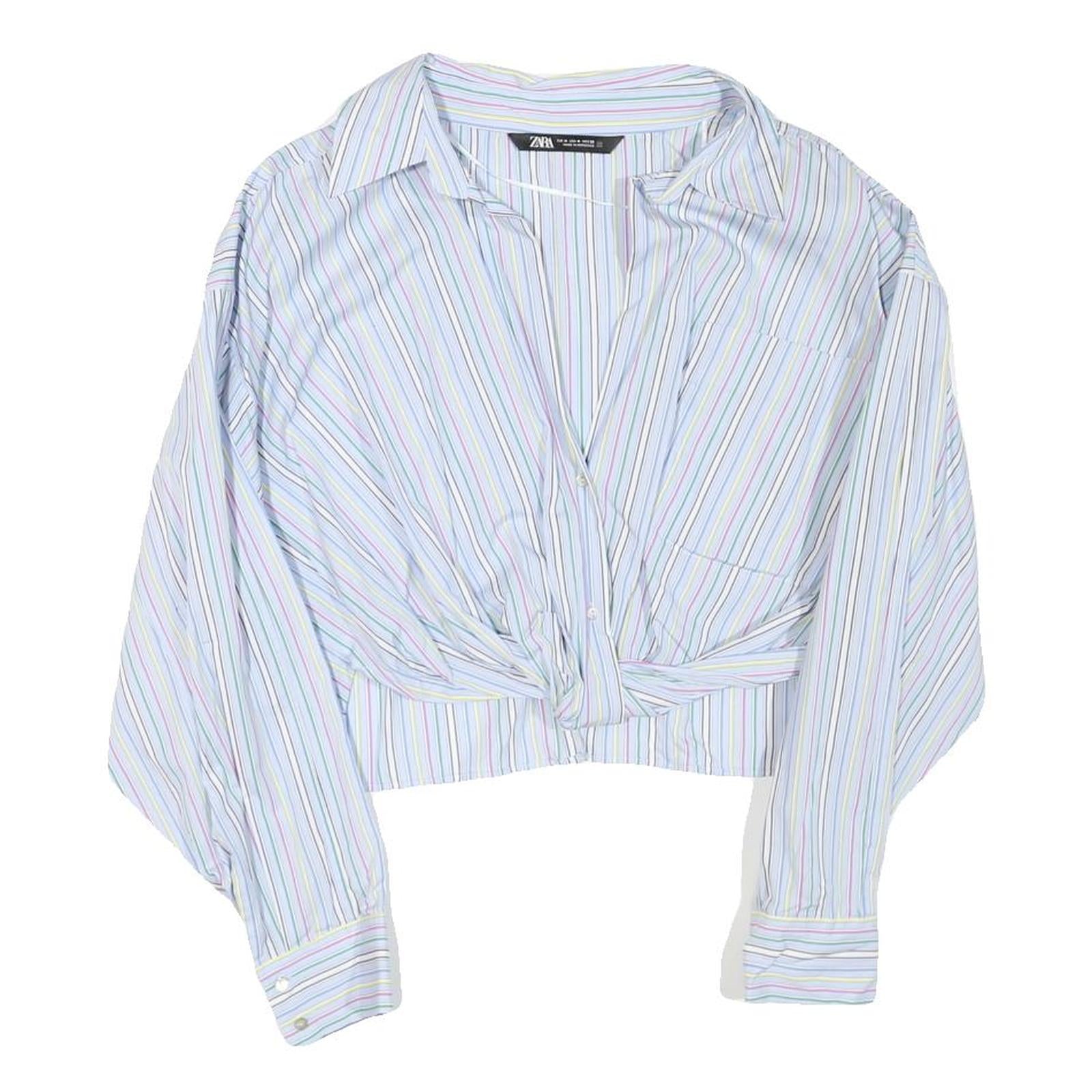 ZARA Womens Blue & Pink Stripe Shirt M Cropped Button Up Long Sleeve Refurbished - N/A refurbished available on Cerqular
