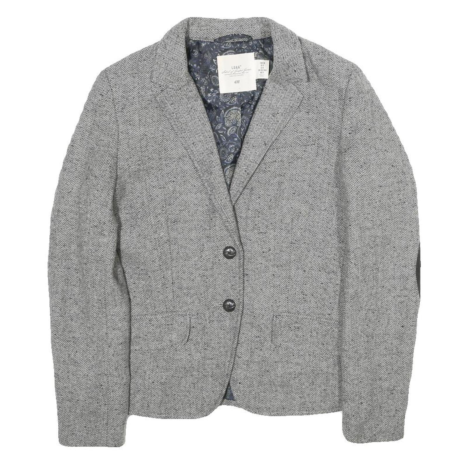 H&M Womens Grey Wool Blend Blazer Jacket UK 10 Button Herringbone Pattern Refurbished - N/A refurbished available on Cerqular