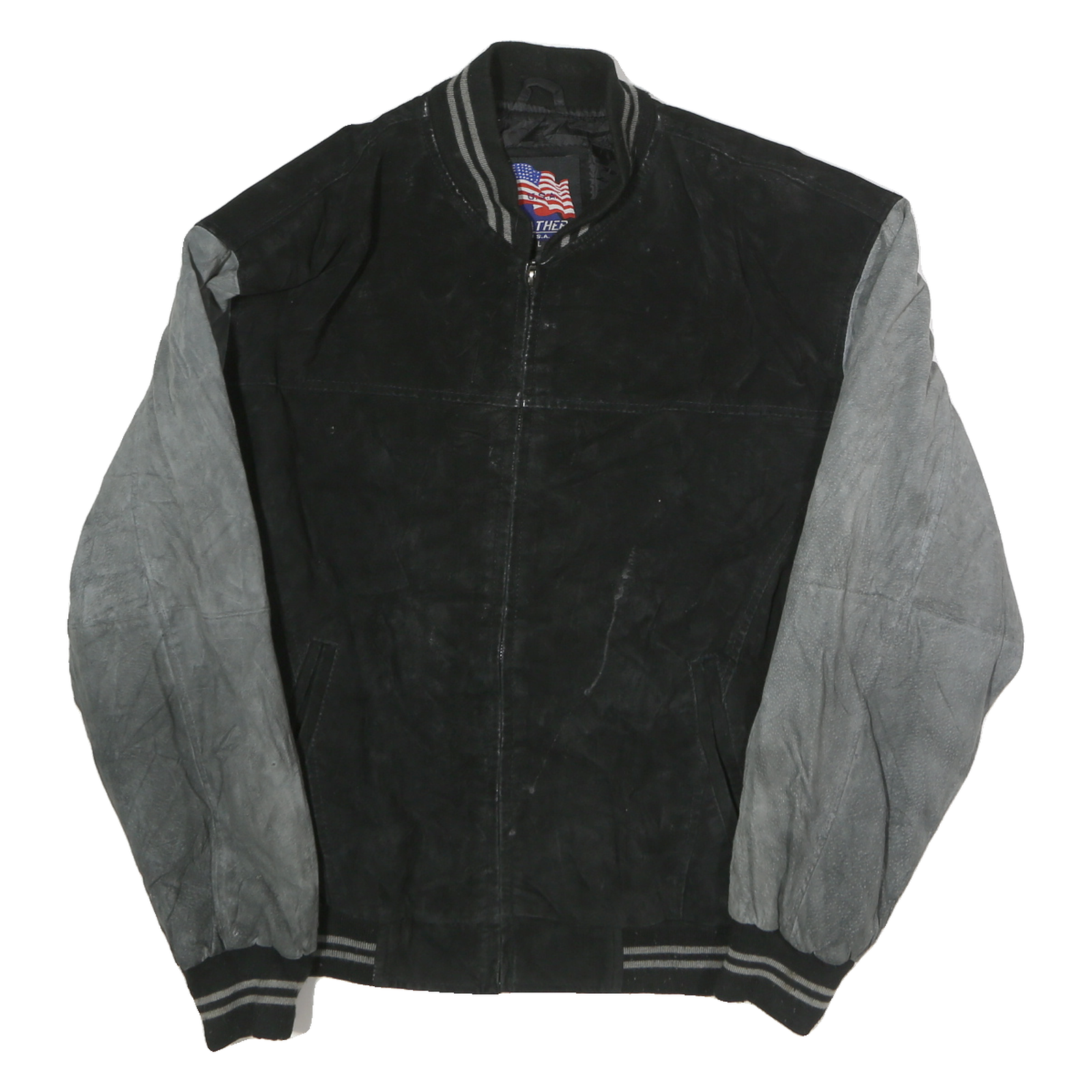 USA LEATHER Mens Black & Grey Leather Bomber Jacket L Suede Varsity Style Zip Refurbished - N/A refurbished available on Cerqular