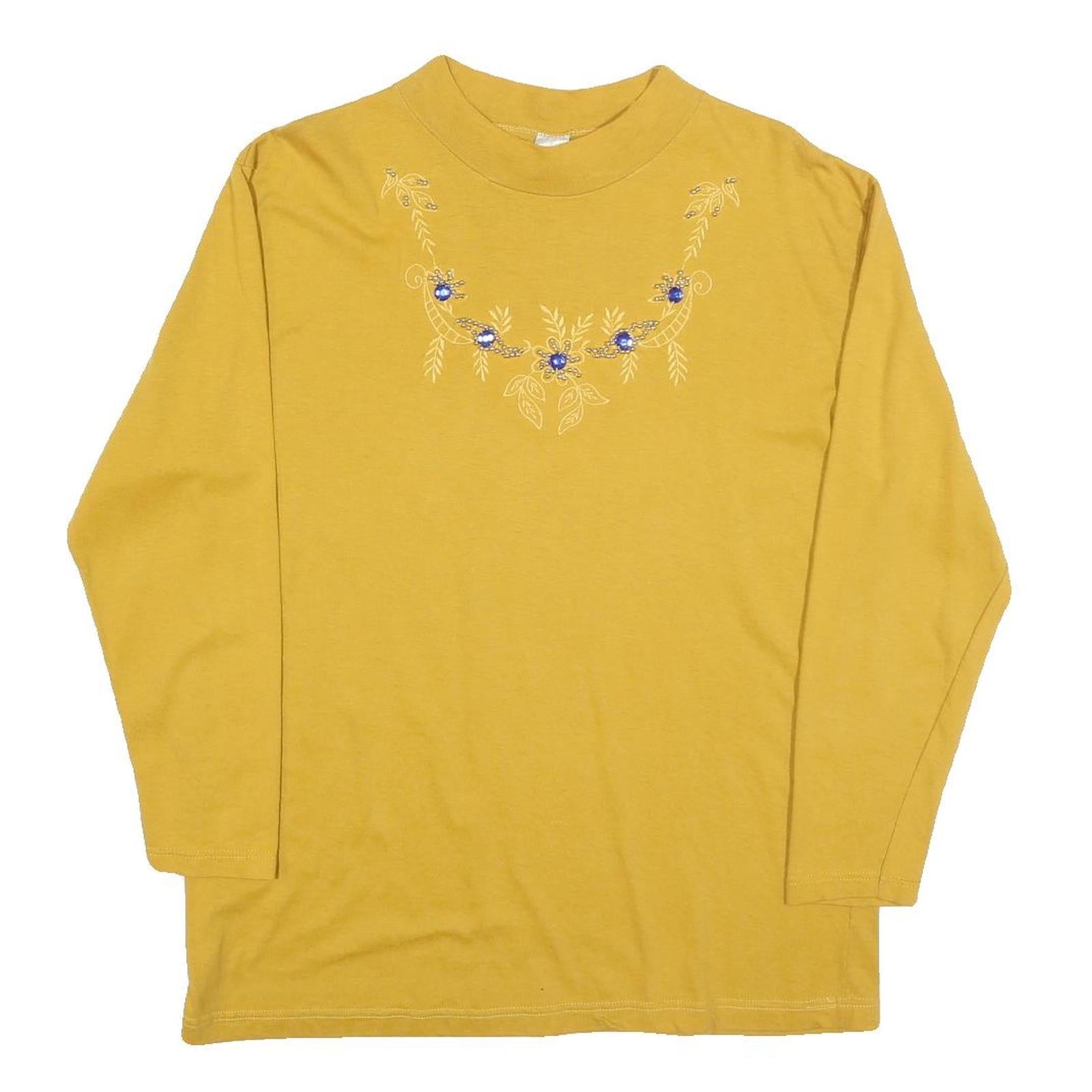 Womens Yellow Cotton Blend Long Sleeve Crew Neck Embroidered M T-Shirt Refurbished - N/A refurbished available on Cerqular