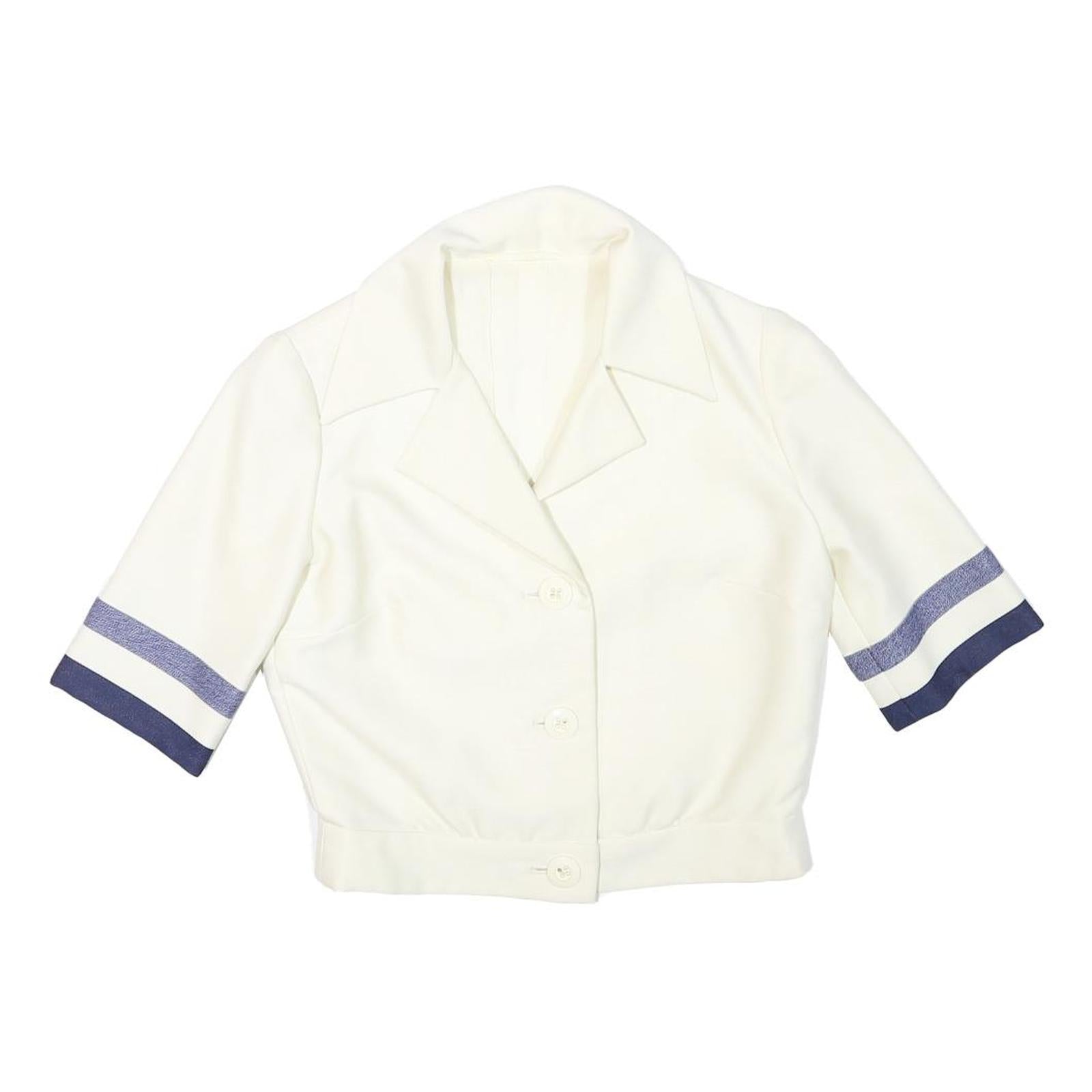 Womens White & Navy Button Crop Cotton Blend Jacket XS Retro Style Refurbished - N/A refurbished available on Cerqular