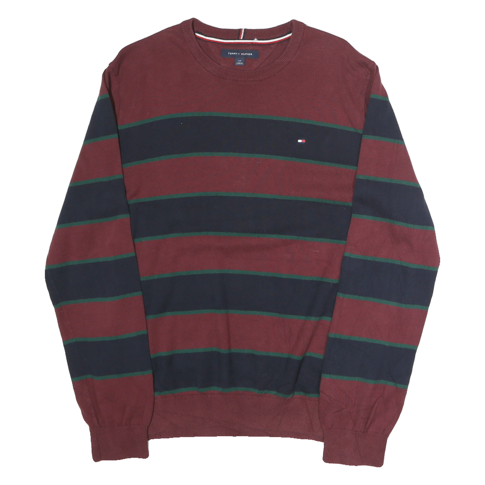 TOMMY HILFIGER Mens Maroon & Navy Patterned Cotton Jumper Crew Neck Regular L Refurbished - N/A refurbished available on Cerqular