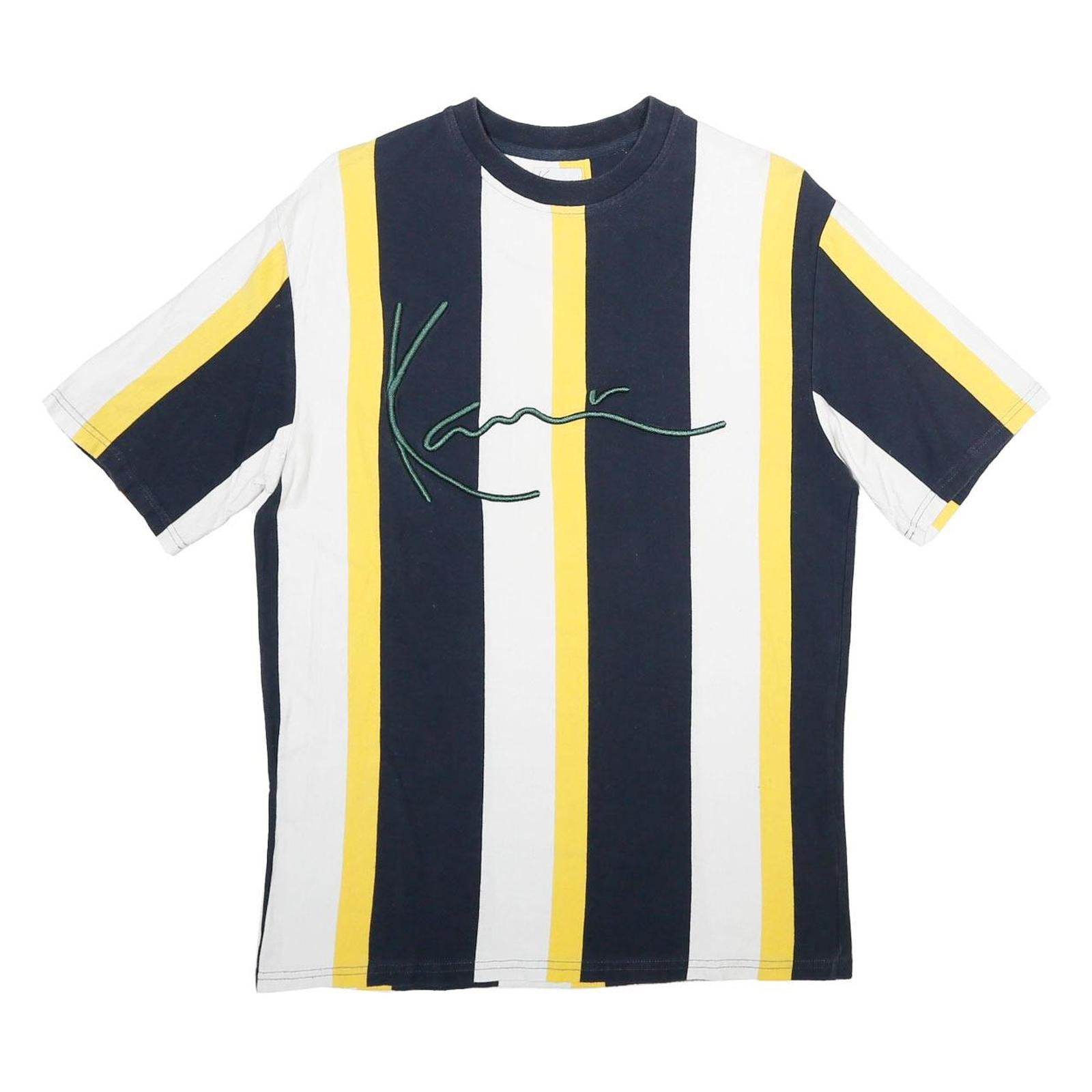 KARL KANI Mens Navy White & Yellow Stripe Graphic T-Shirt S Short Sleeve Crew Refurbished - N/A refurbished available on Cerqular