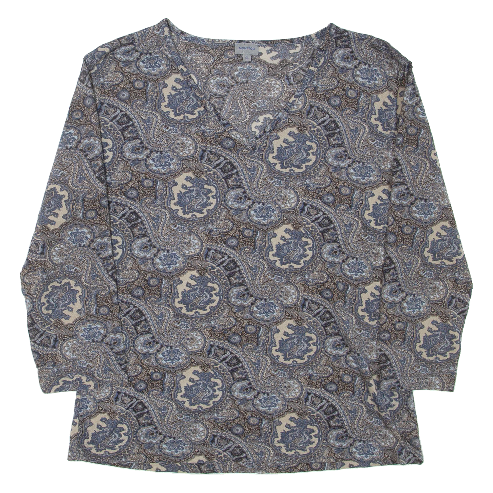 MONTEGO Womens Printed Top Blue V-Neck 3/4 Sleeve Paisley XL Refurbished - N/A refurbished available on Cerqular