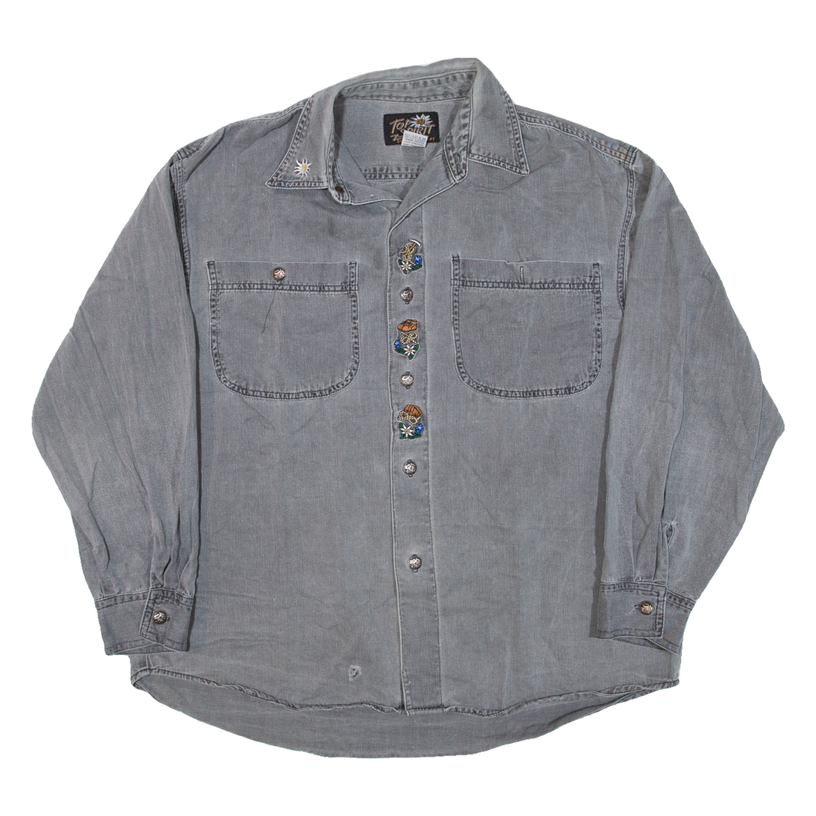 TOP SPIRIT Mens Denim Shirt Grey Floral Long Sleeve L Refurbished - N/A refurbished available on Cerqular