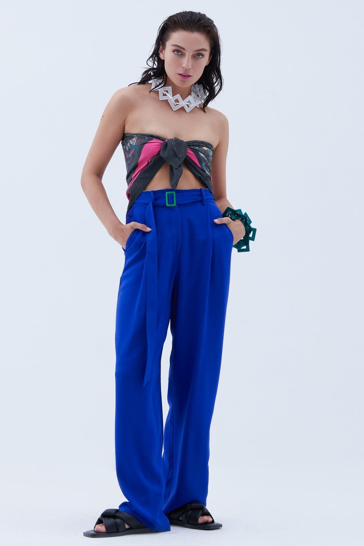 Pleated High-Waisted Wide Leg Trouser in Blue | Size: 8 Refurbished - N/A (Note: There is no well-known brand by this name refurbished available on Cerqular