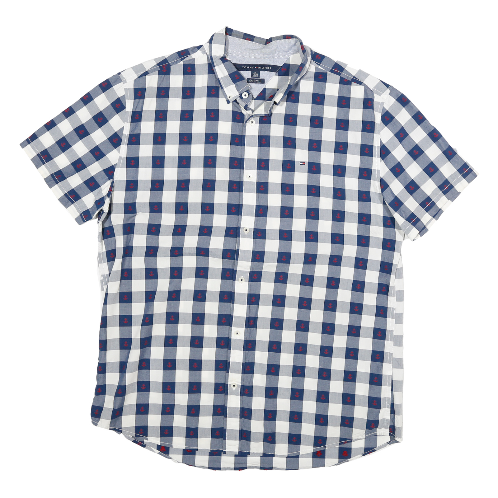 TOMMY HILFIGER Mens Blue & White Check Shirt XL Cotton Blend Short Sleeve Casual Refurbished - N/A refurbished available on Cerqular