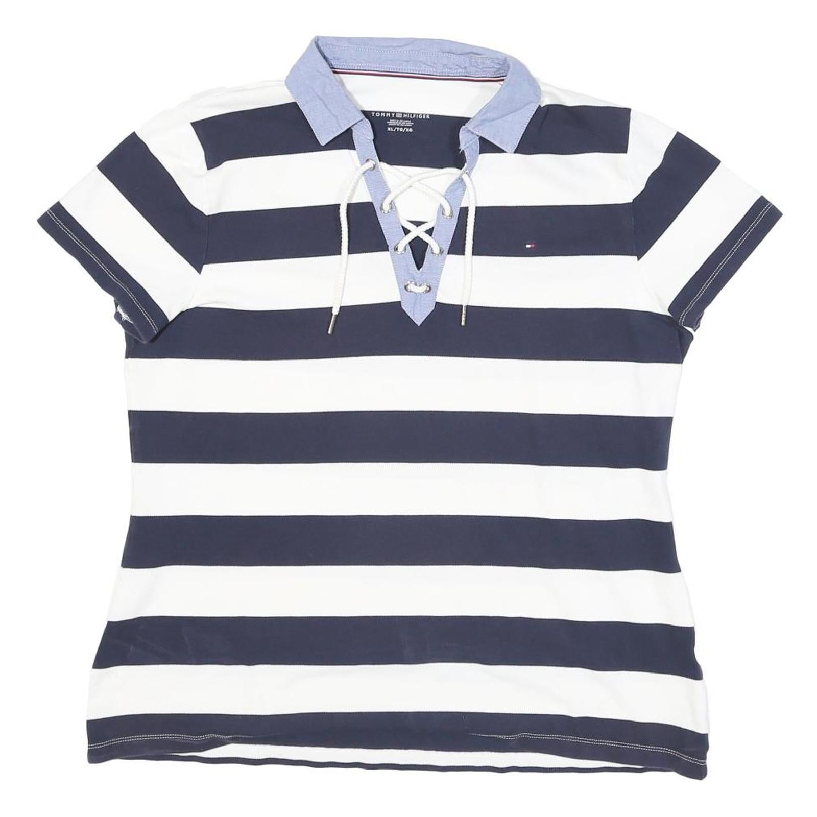TOMMY HILFIGER Womens Blue & White Stripe Short Sleeve Polo Shirt XL Lace Up Refurbished - N/A refurbished available on Cerqular