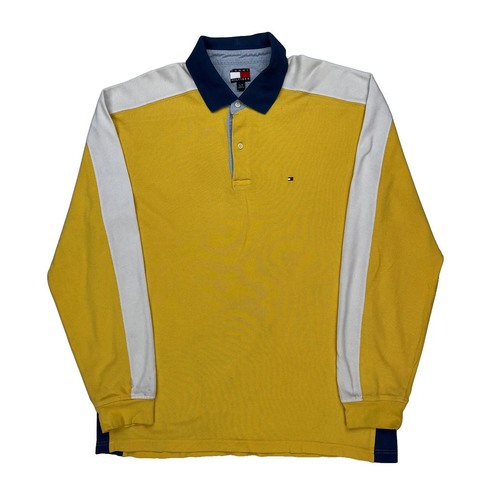 Tommy Hilfiger Striped Long Sleeve Polo Shirt - XL Blue Cotton Refurbished - Thrifted (note: this is a term often used to describe second- refurbished available on Cerqular