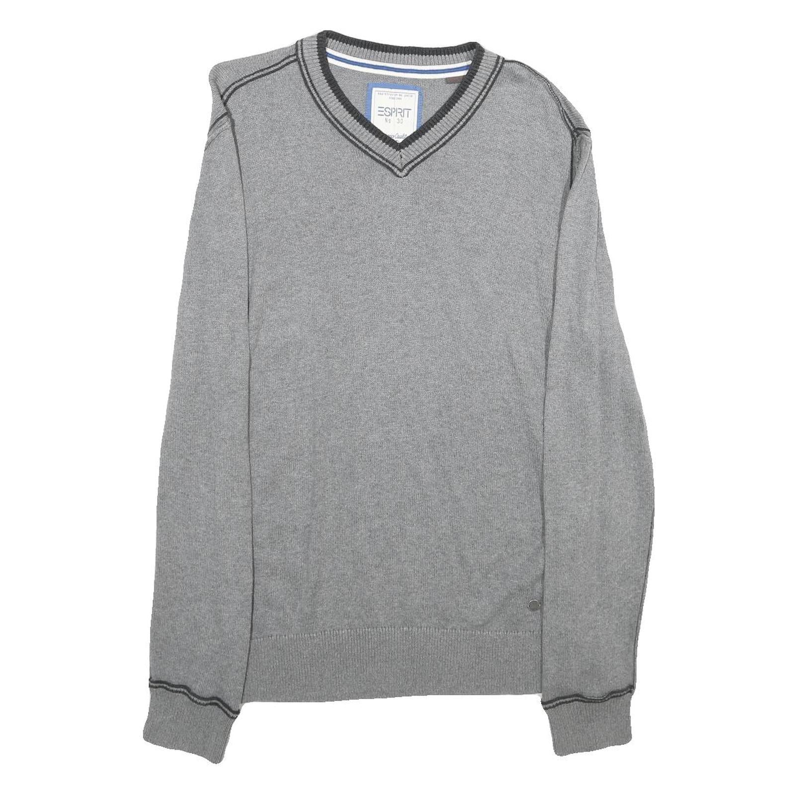ESPRIT Mens Grey Plain Cotton Jumper V-Neck Basic Knit L Casual Comfortable Refurbished - N/A refurbished available on Cerqular