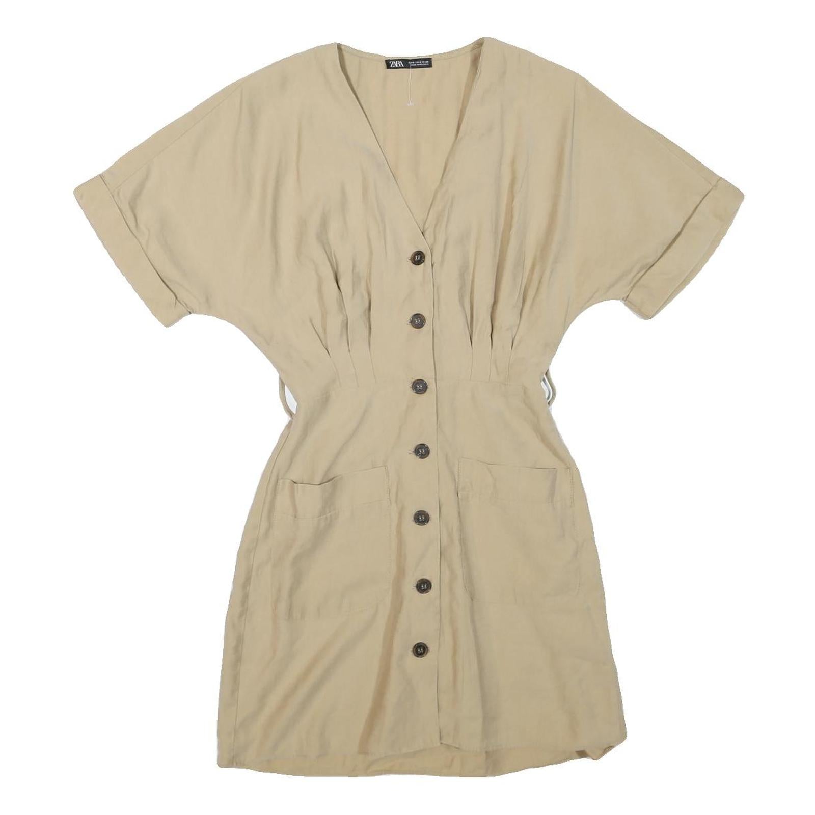 ZARA Womens Beige Cotton Blend Day Dress Button Short Sleeve Size S Comfortable Refurbished - N/A refurbished available on Cerqular