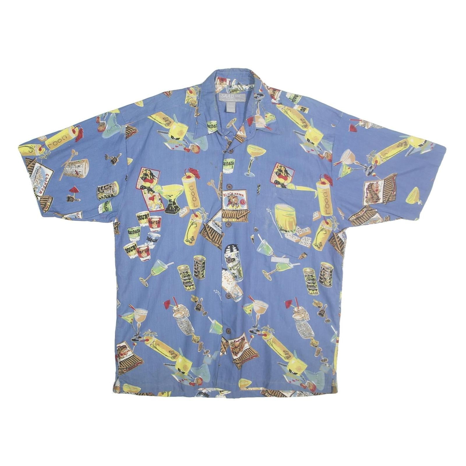 SAAB Mens Blue Cocktail Print Cotton Shirt L Summer Casual Short Sleeve Refurbished - N/A refurbished available on Cerqular