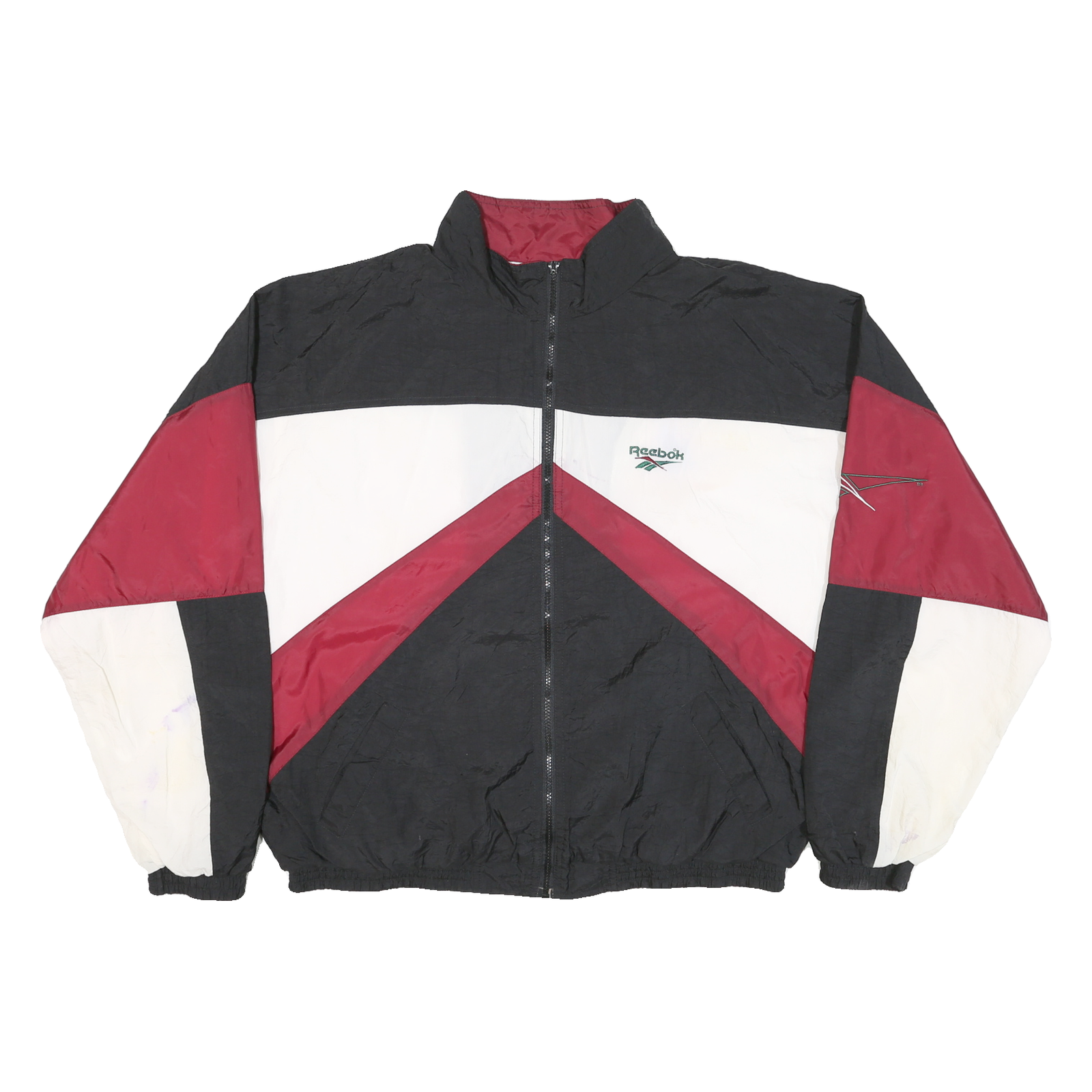 REEBOK Mens Black & Burgundy Track Jacket XL Nylon Colourblock Zip Stand-Up Refurbished - N/A refurbished available on Cerqular