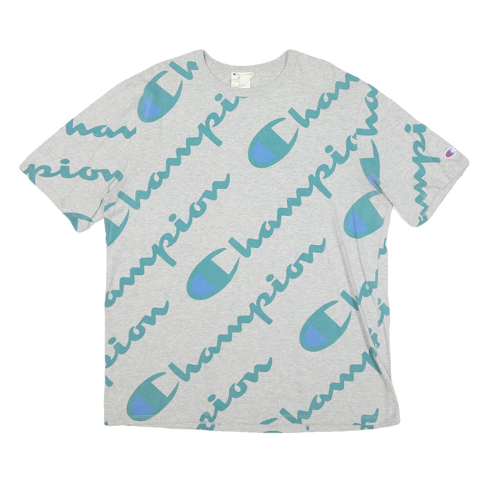 CHAMPION Mens Grey Blue All Over Script Logo Graphic T-Shirt XL Short Sleeve Refurbished - N/A refurbished available on Cerqular